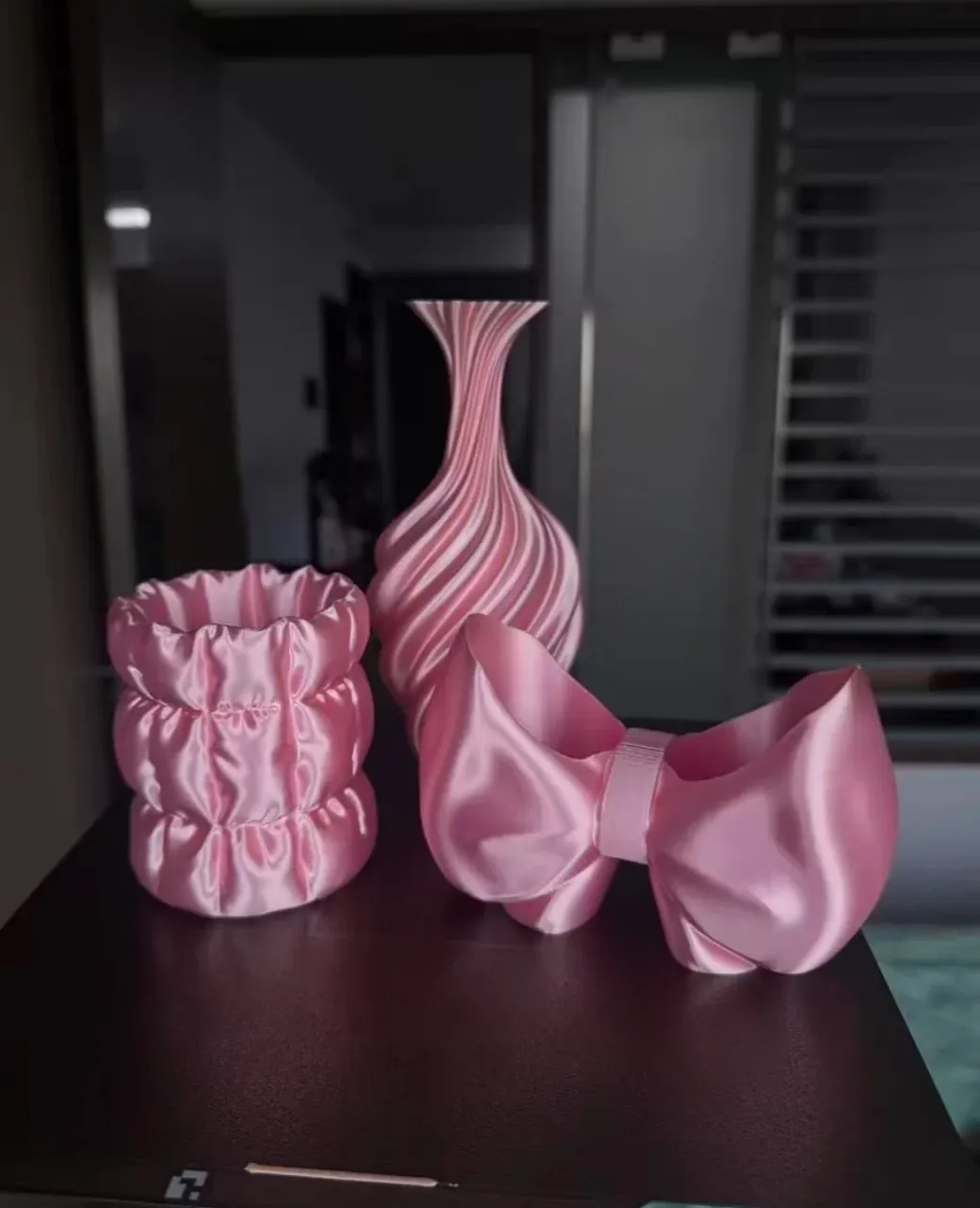 Decorative vase and bow printed with Bambu Lab PLA Silk+ Pink Filament 1.75mm 1kg/Spool Color Code 13207
