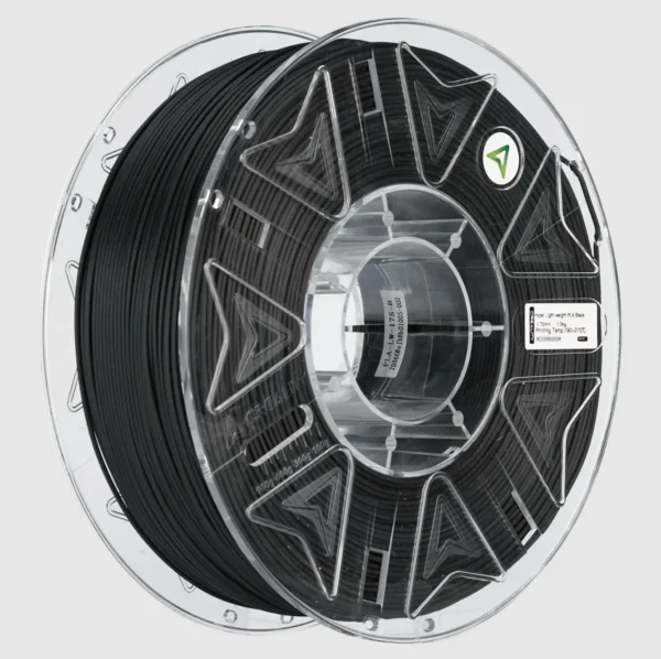 Hyper Lightweight PLA black filament spool angled view with transparent reel and consistent winding