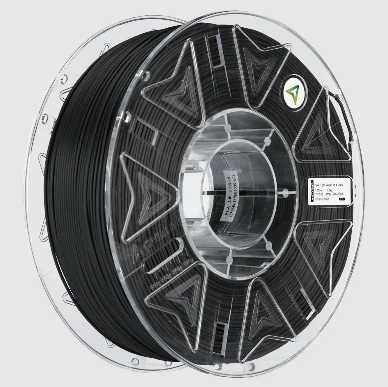 Hyper Lightweight PLA black filament spool angled view with transparent reel and consistent winding