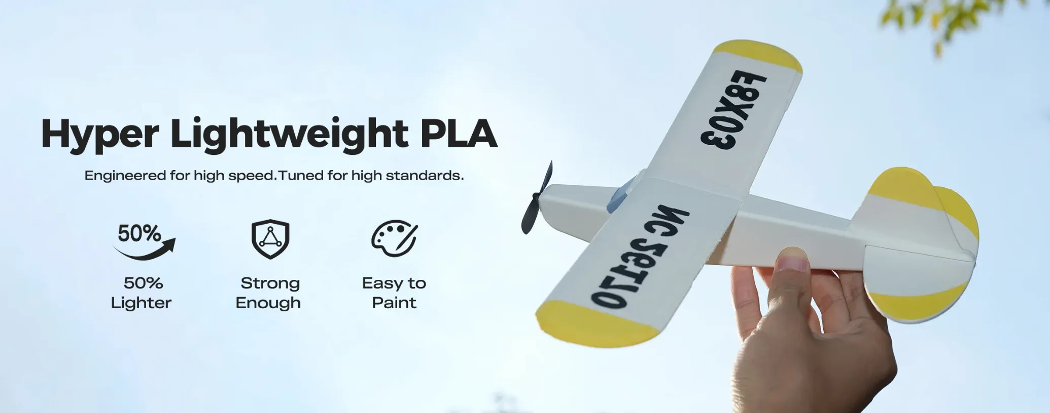 Hyper Lightweight PLA filament banner showing lightweight aircraft model and 50 percent lighter feature