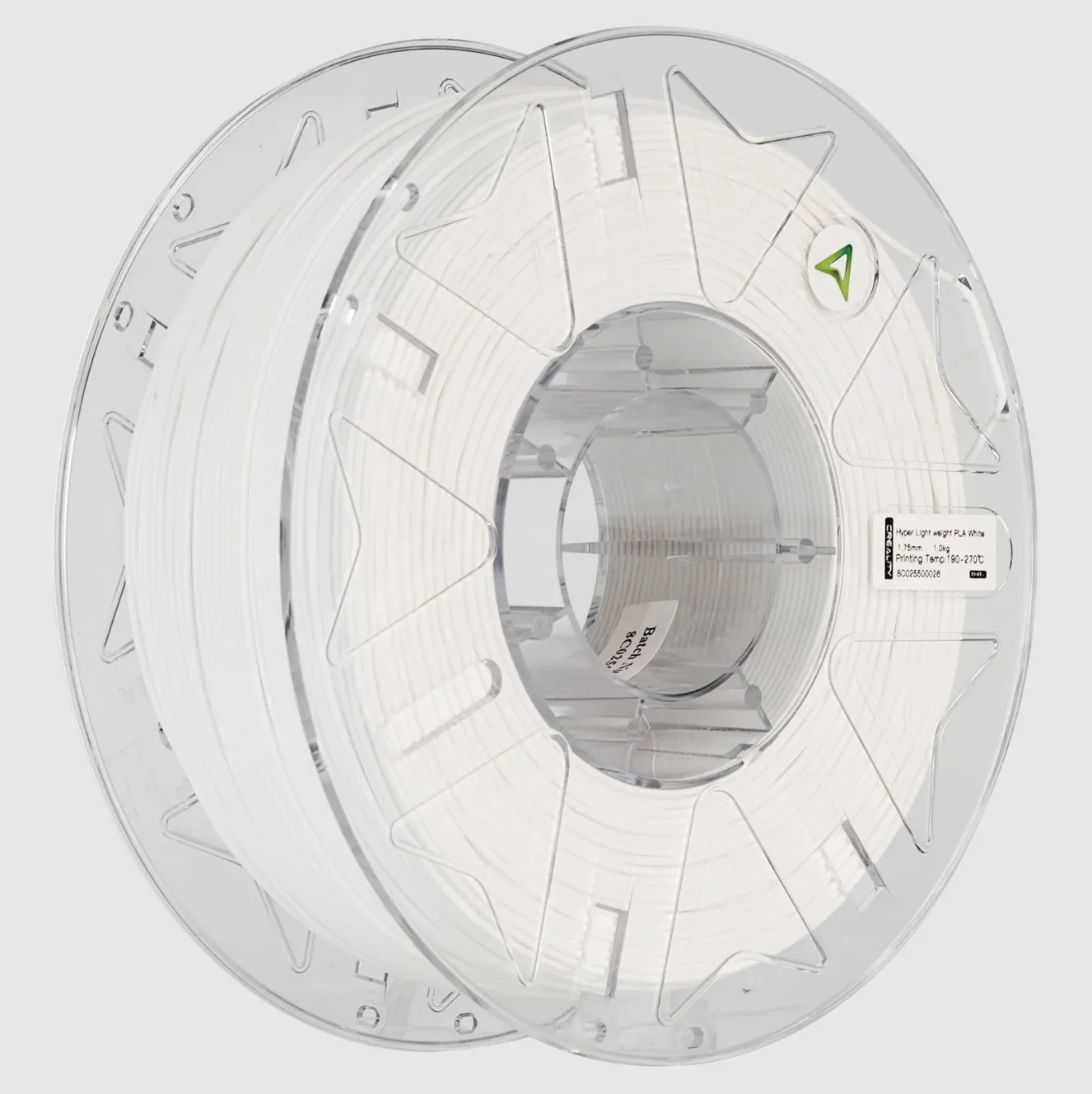 Hyper Lightweight PLA white filament spool 1.75mm 1kg front view with transparent reel and uniform winding