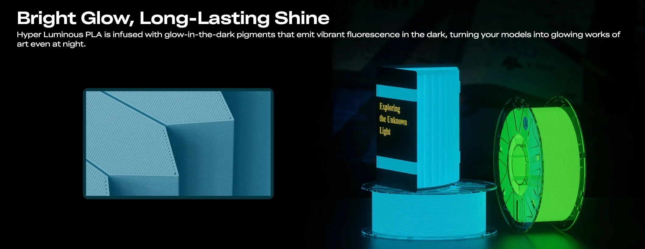 Hyper Luminous PLA 3D Printing Filament 1kg glowing filament spool with luminous printed block and textured surface sample