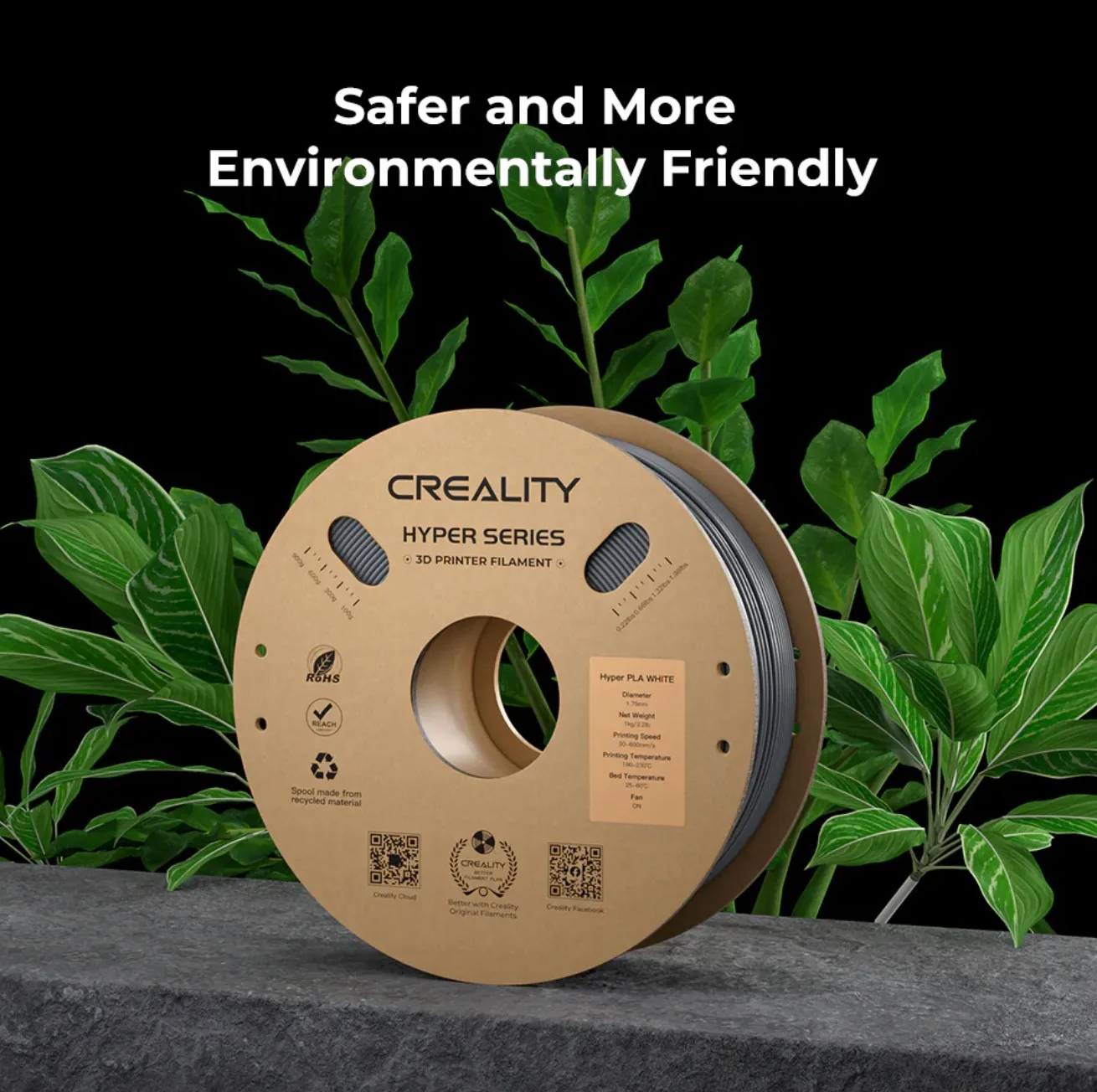 Hyper Series ABS 3D Printing Filament 1kg spool made from recycled material placed with green plants