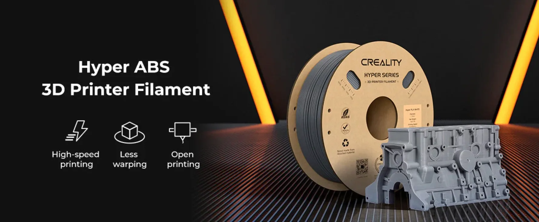 Hyper Series ABS 3D Printing Filament 1kg spool with printed model showing high speed and low warping features