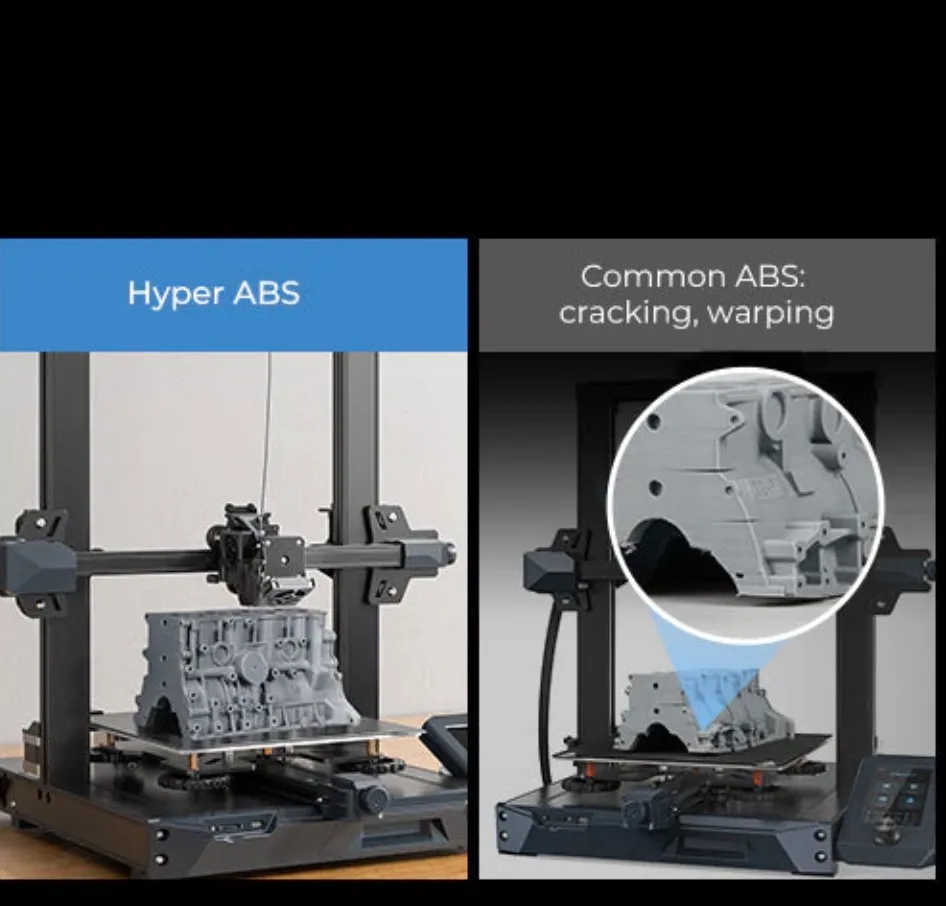 comparison between Hyper Series ABS 3D Printing Filament 1kg and common ABS showing reduced warping and cracking during printing