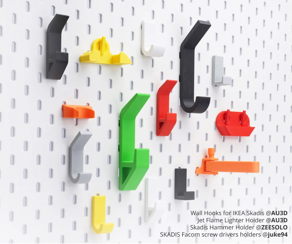 colorful wall hooks for IKEA Skadis pegboard 3D printed using Bambu Lab ABS-GF filament