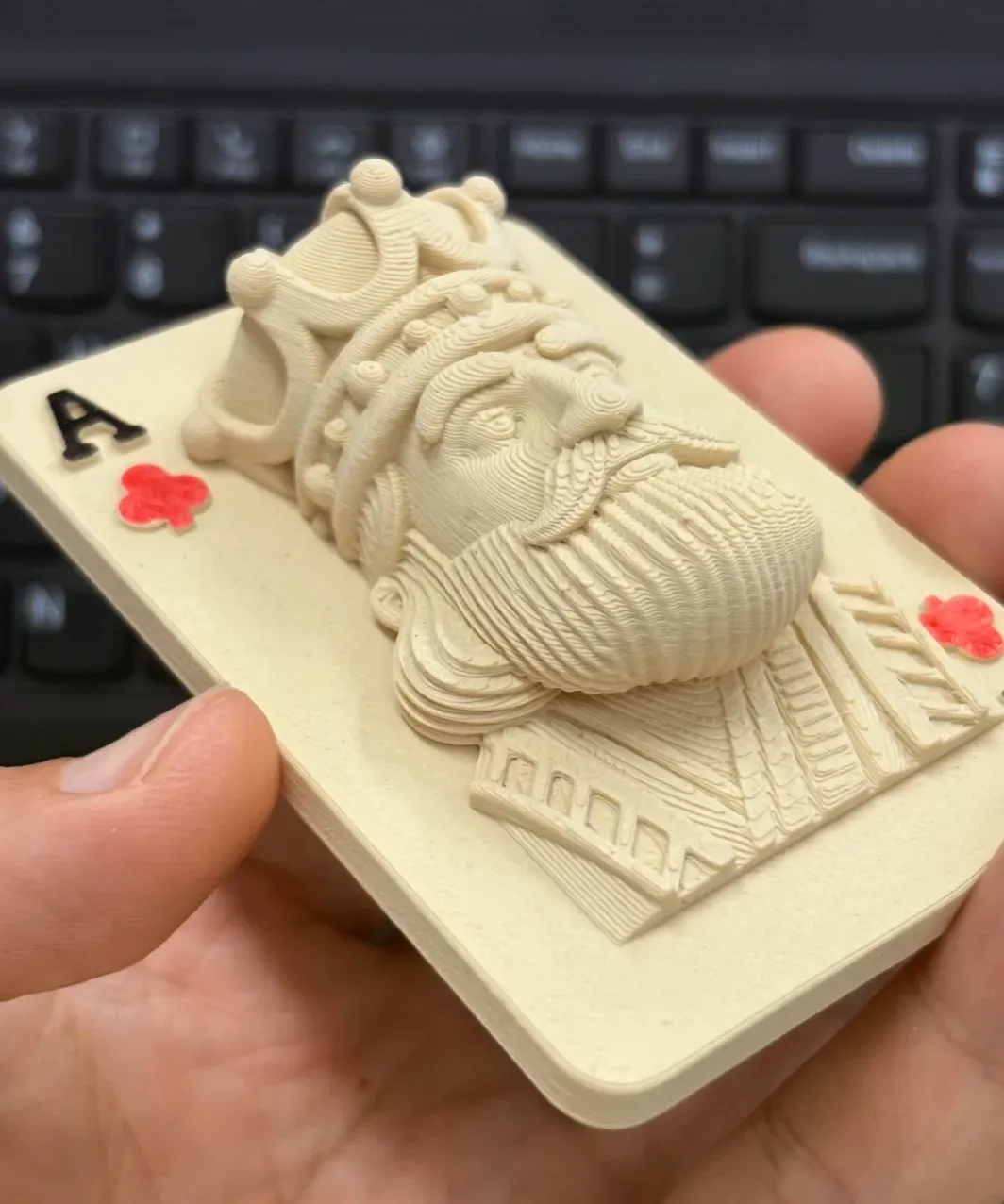 3D printed king playing card model using Bambu Lab PLA Wood White Oak Filament with Spool (13106) featuring detailed sculpture