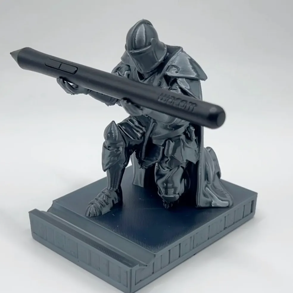 Detailed knight figurine 3D printed with Bambu Lab PLA Silk+ Titan Gray Filament 1.75mm 1kg/Spool Color Code 13108 featuring silk metallic gray finish