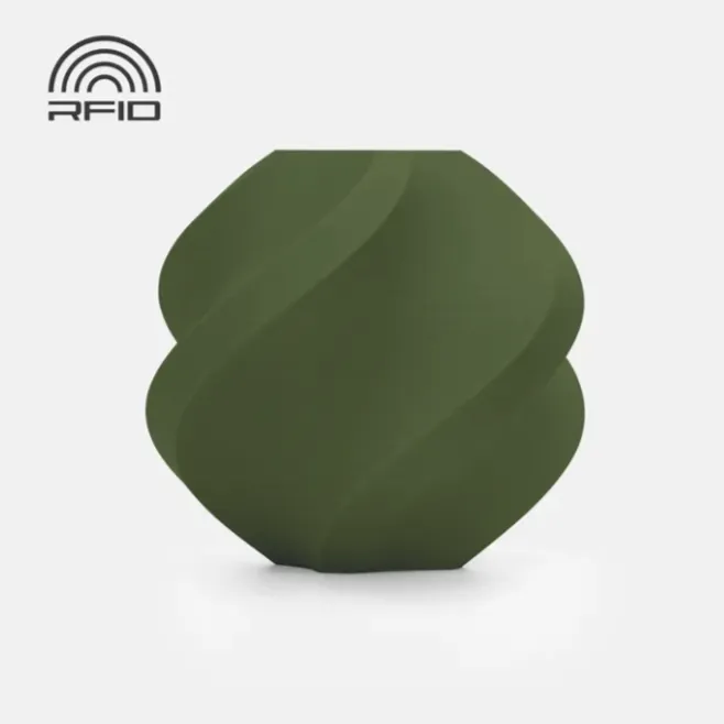 Spiral geometric 3D printed sample in matte dark green with smooth curved surface and subtle layer lines