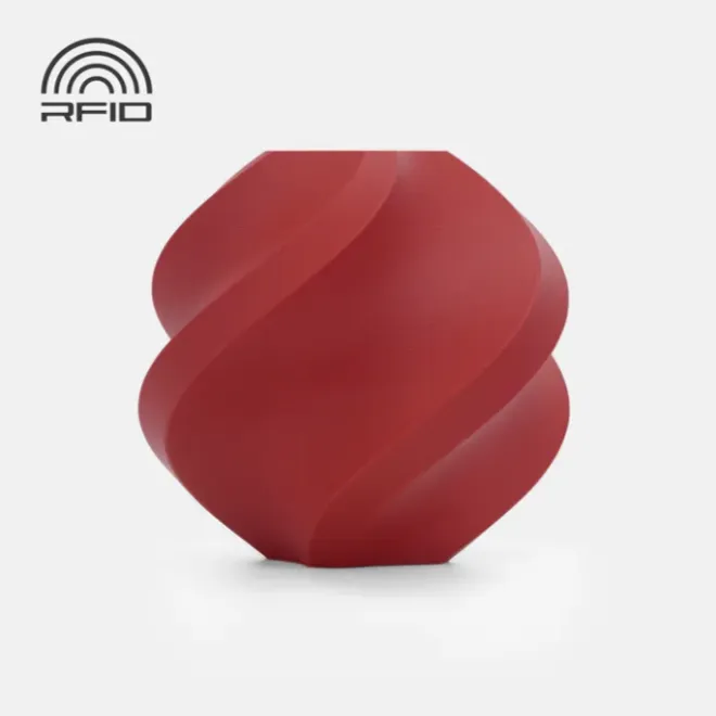 Spiral geometric 3D printed sample in matte dark red with smooth curved surface and subtle layer texture