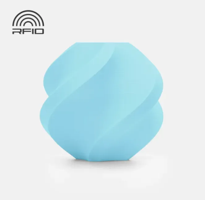 Spiral geometric 3D printed sample in matte ice blue with smooth curved surface and subtle layer lines