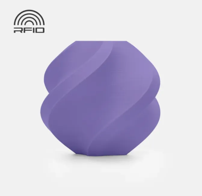 Spiral geometric 3D printed sample in lilac purple with smooth matte surface and subtle texture