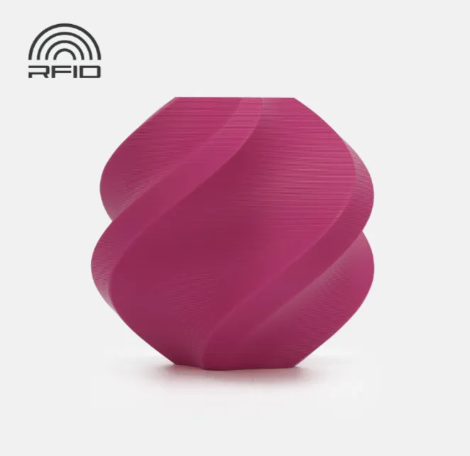 Spiral geometric 3D printed sample in matte plum color with smooth curved surface and visible fine layer lines