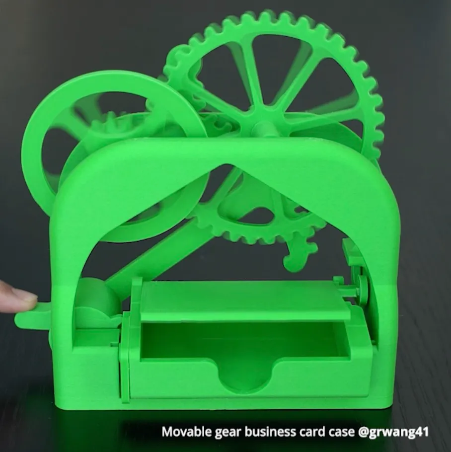 green movable gear business card case 3D printed using Bambu Lab ABS-GF filament showing functional mechanical parts