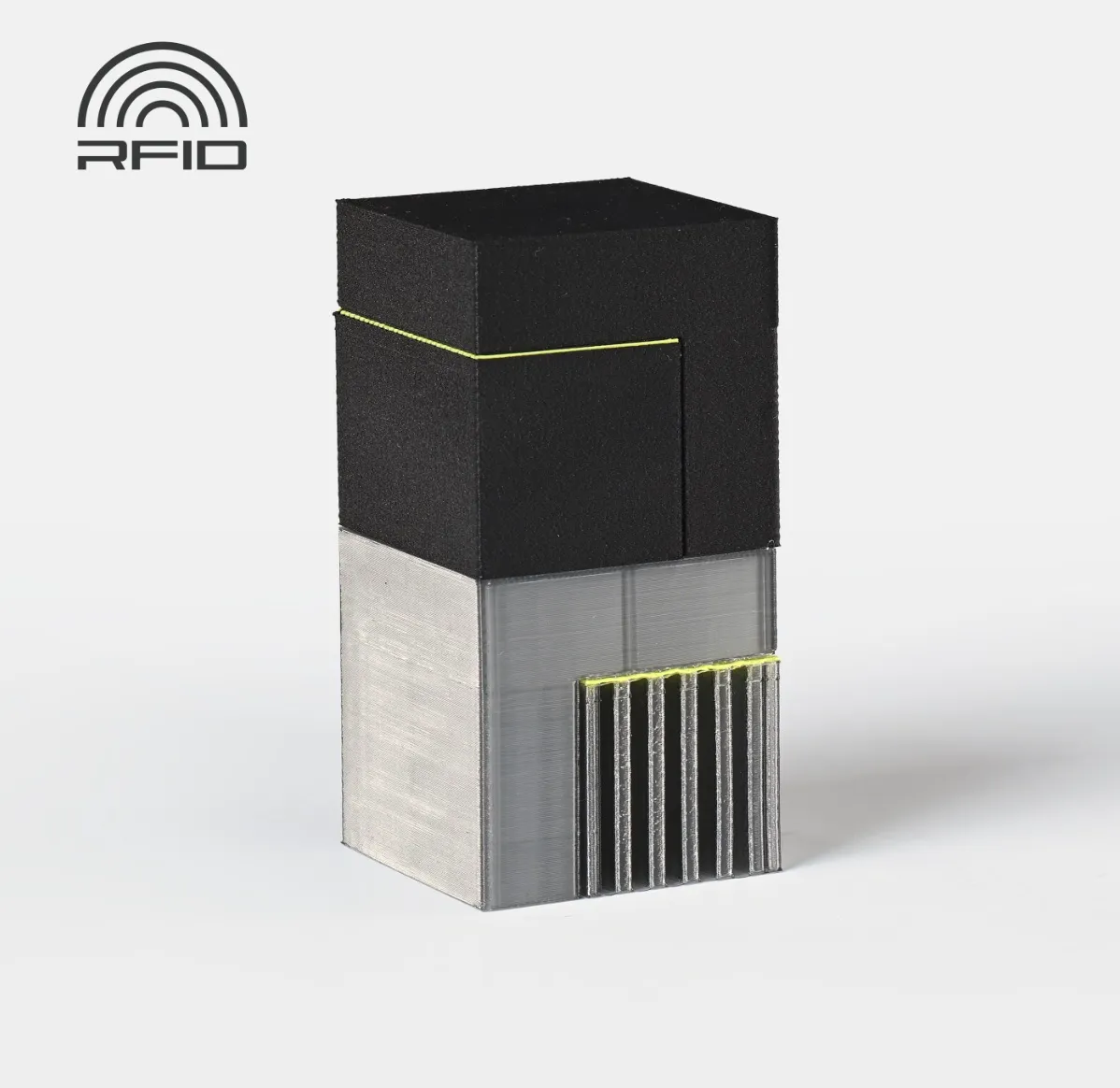 multi material test print with black and gray parts using Bambu Lab Green Support Filament for PA/PET support layers, Color Code 65500