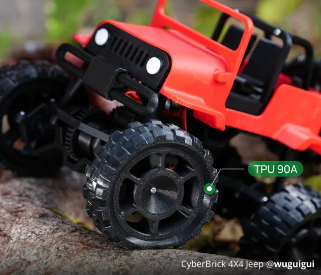 red rc off-road car with black wheels printed using TPU 90A flexible filament