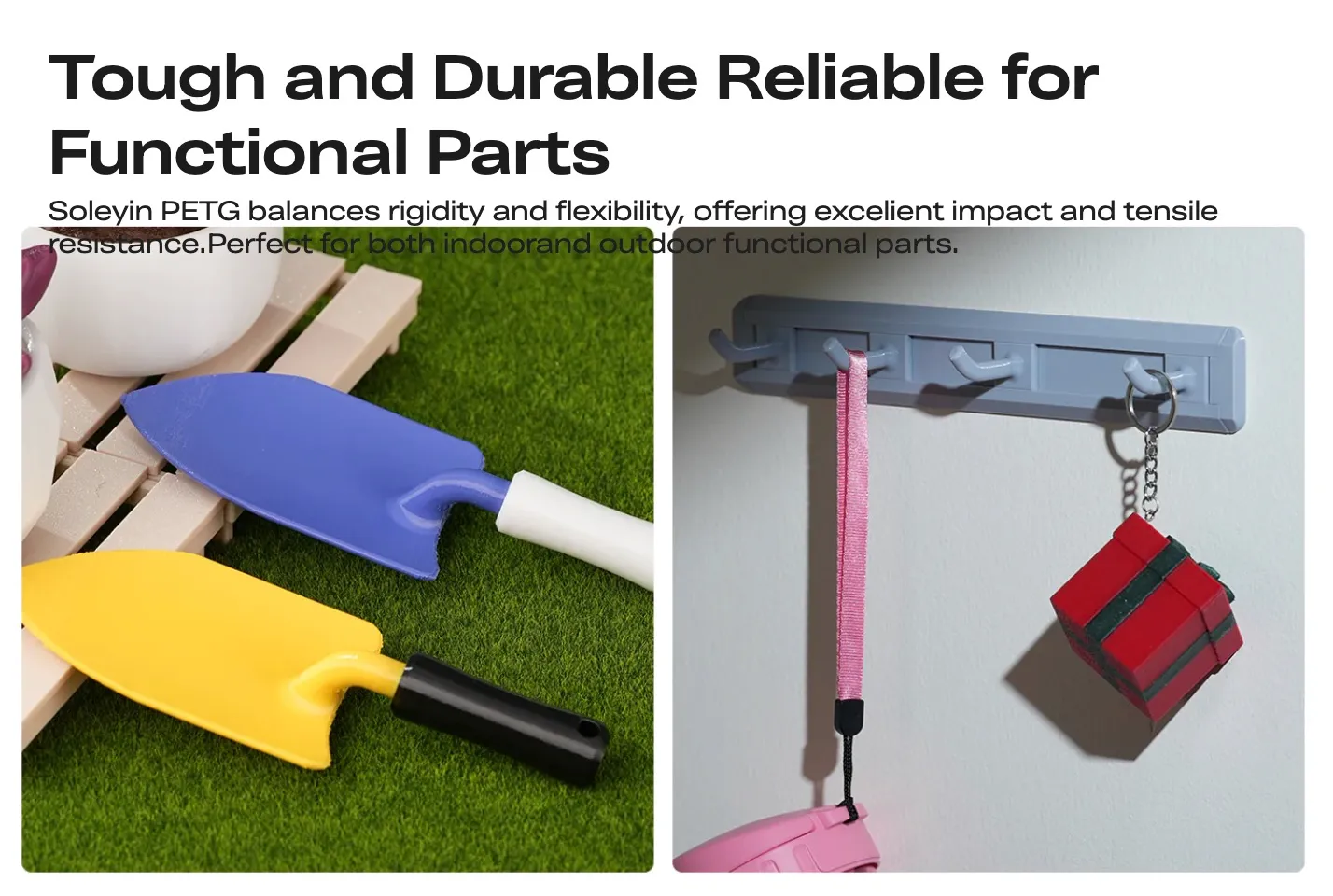 Soleyin Basic PETG 3D Printing Filament 1kg printed tools and wall hook showing durable functional parts