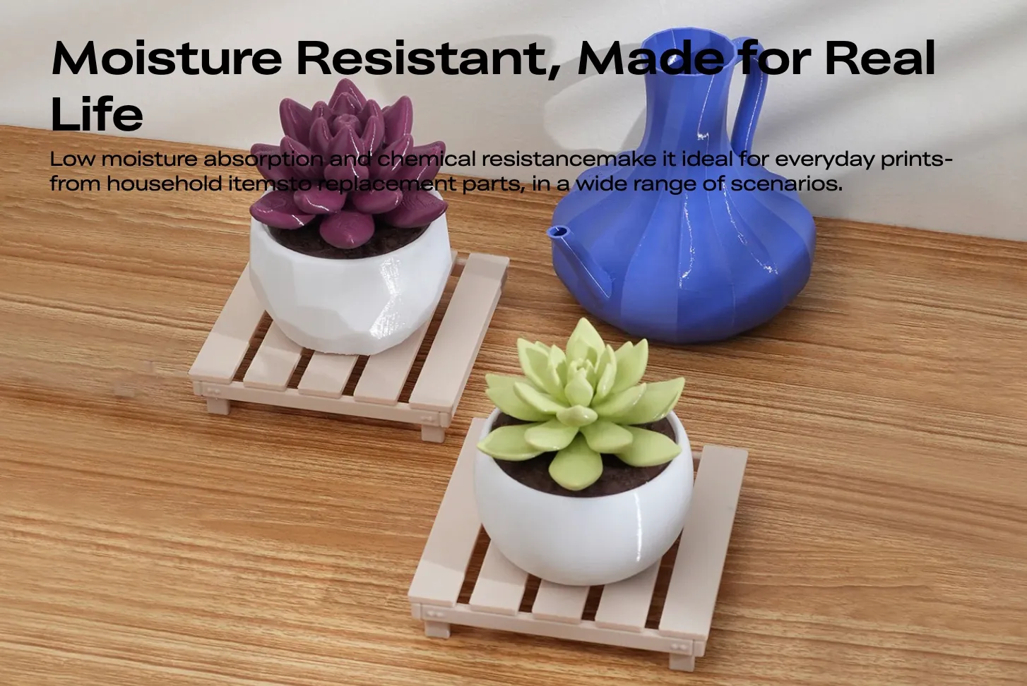 Soleyin Basic PETG 3D Printing Filament 1kg printed plant pots and decorative items showing moisture resistant properties