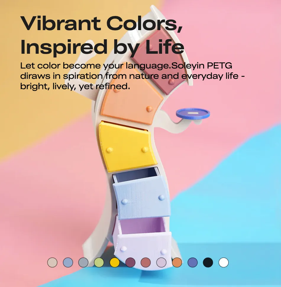 Soleyin Basic PETG 3D Printing Filament 1kg colorful printed parts showing multiple color options