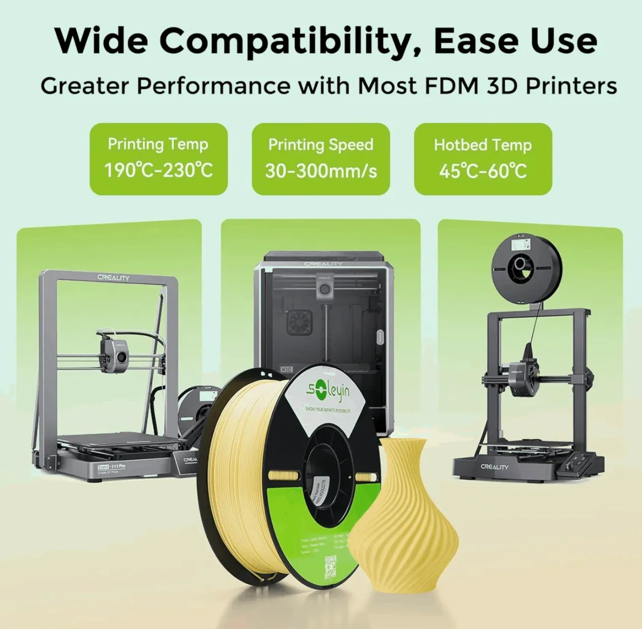 Soleyin Ultra PLA filament printing temperature speed and compatibility with FDM 3D printers