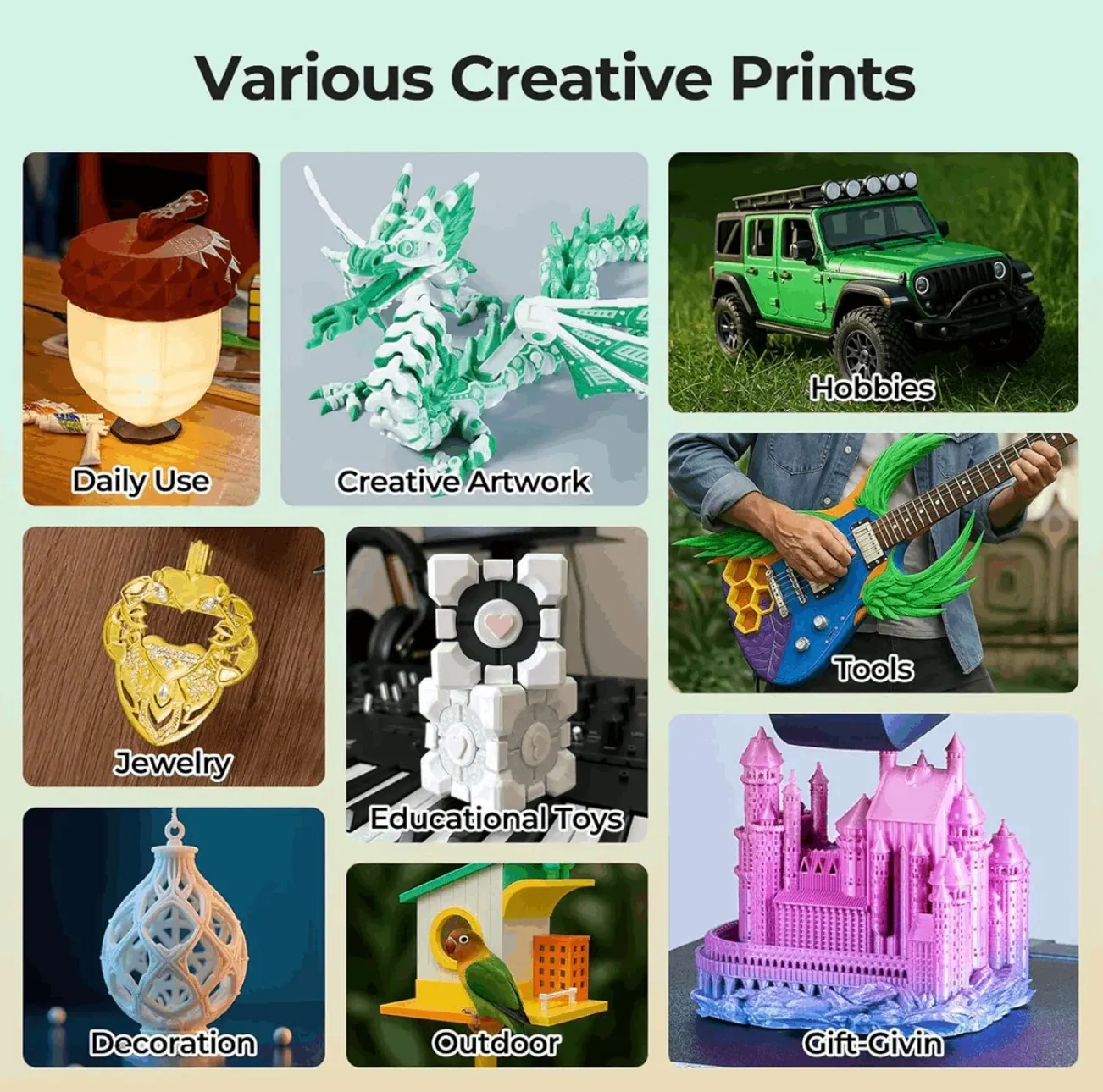 creative 3D printed objects made with Soleyin Ultra PLA filament including decoration toys tools and artwork