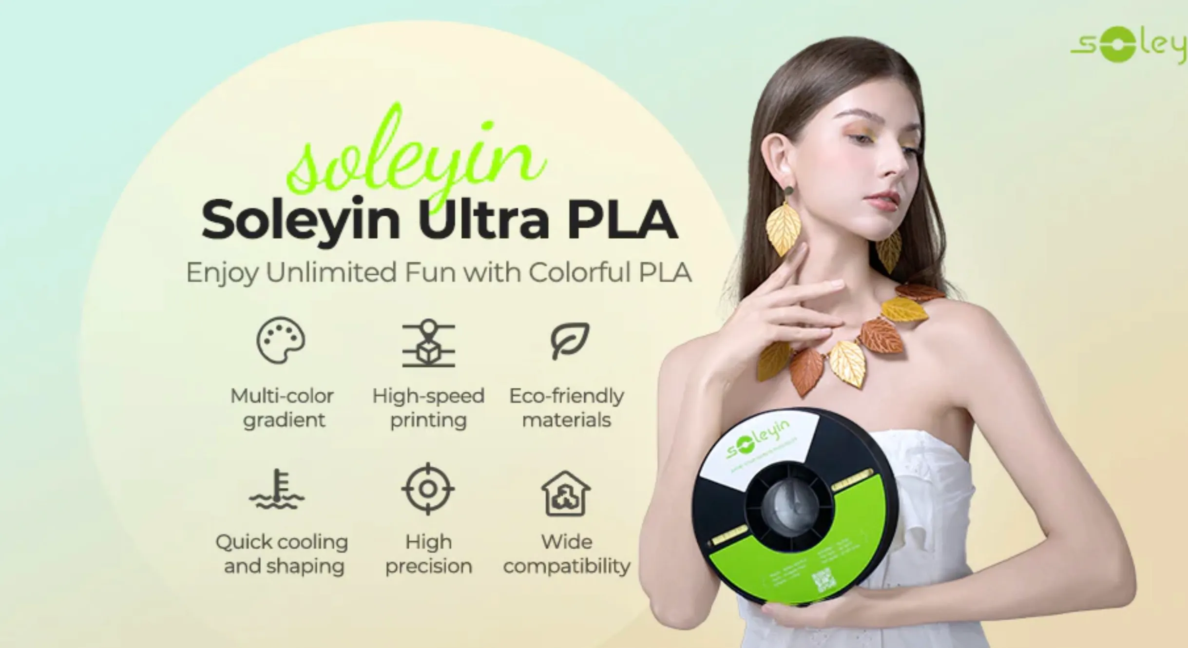Soleyin Ultra PLA 3D Printing Filament features including high speed printing eco friendly material and multi color gradient