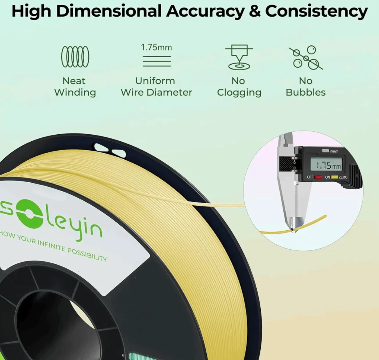Soleyin Ultra PLA filament with 1.75mm uniform diameter and consistent extrusion for precise 3D printing