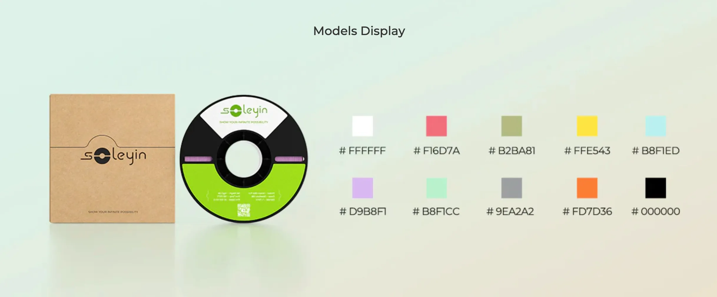 Soleyin Ultra PLA 3D Printing Filament spool and box with color swatches and hex codes display