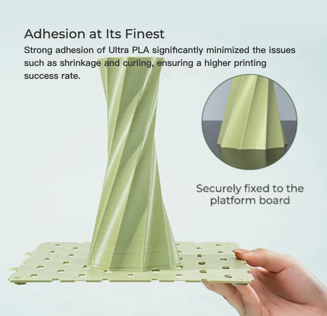 Soleyin Ultra PLA 3D Printing Filament adhesion display showing printed vase fixed firmly to platform board
