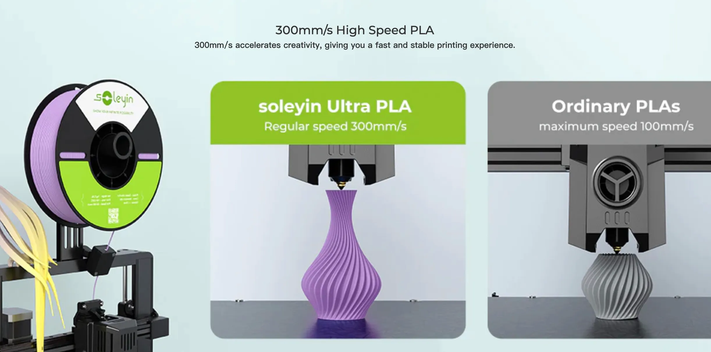 Soleyin Ultra PLA 3D printing filament high speed 300mm per second compared to ordinary PLA printing speed