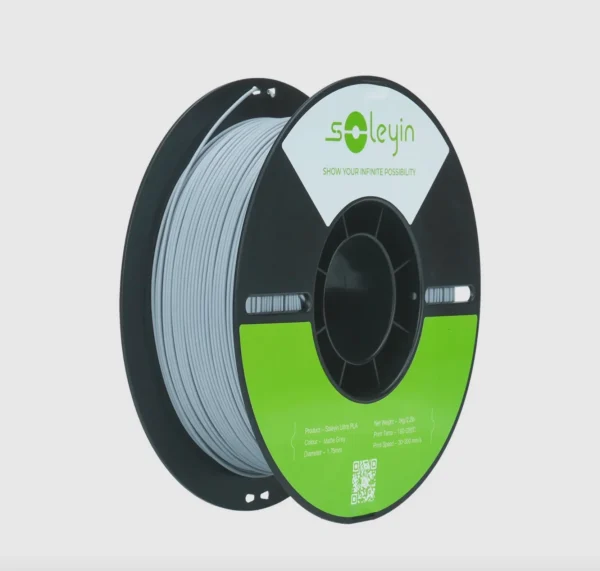 Soleyin Ultra PLA matte gray 3D printing filament spool 1.75mm 1kg on black reel
