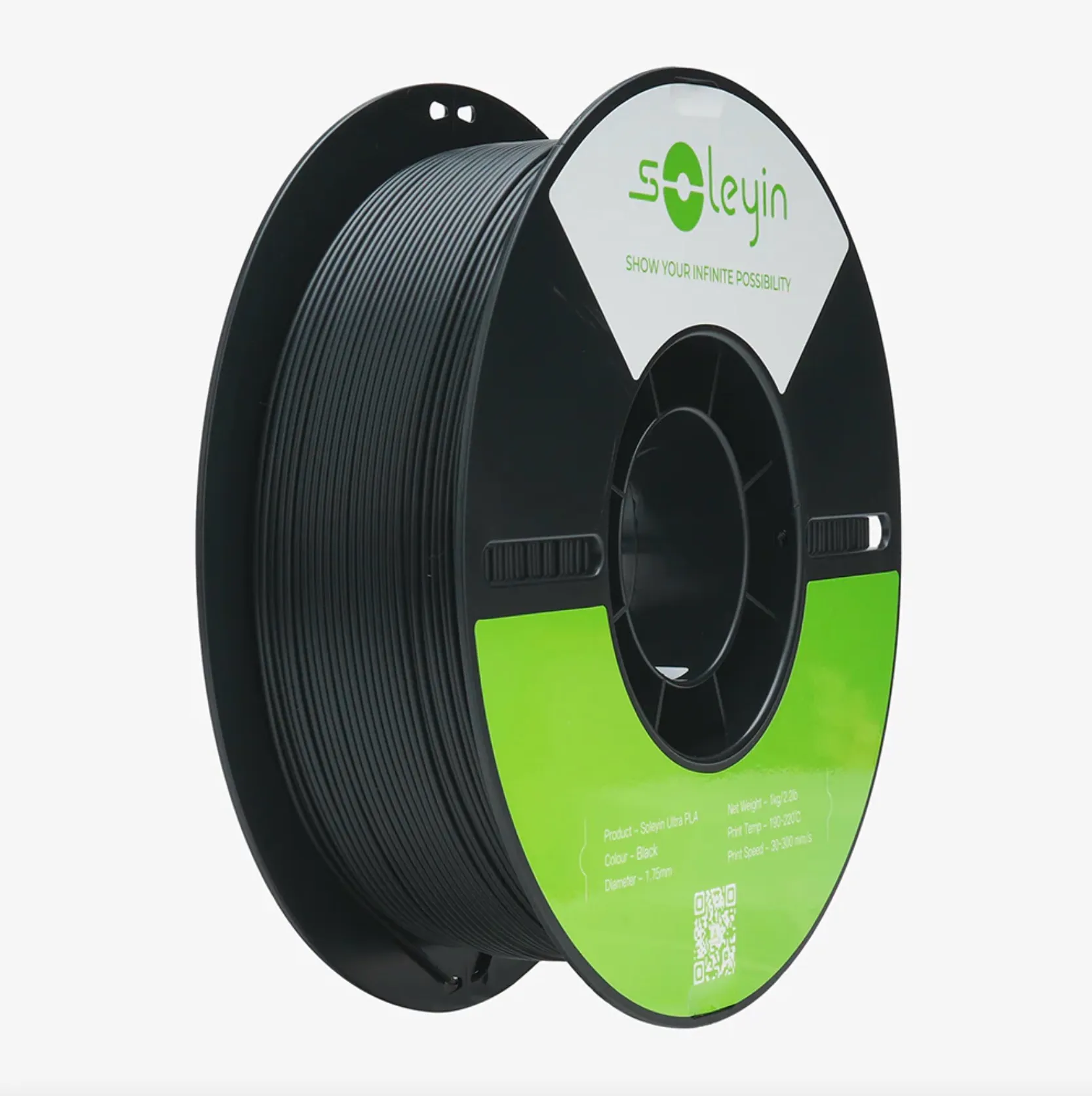 Soleyin Ultra PLA black 3D printing filament spool 1.75mm 1kg on black reel