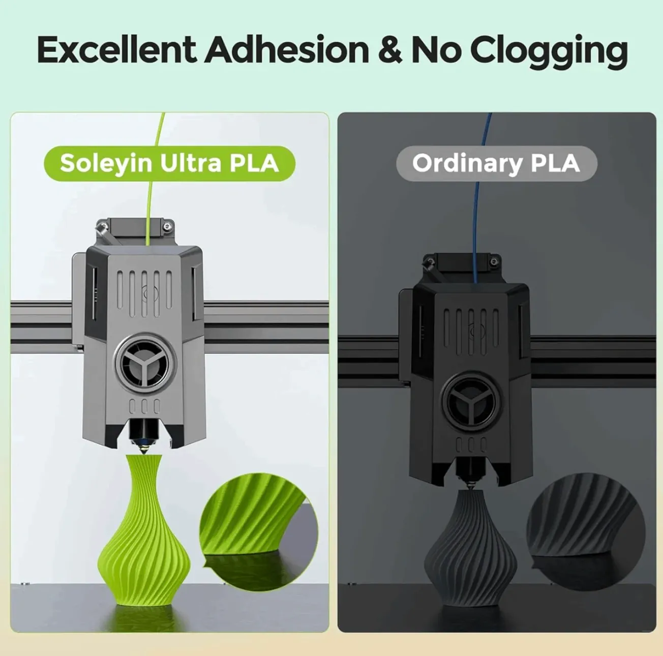 comparison between Soleyin Ultra PLA and ordinary PLA showing better adhesion and no clogging performance