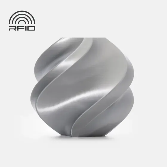 Spiral geometric sample printed with Bambu Lab PLA Silk+ Silver Filament 1.75mm 1kg/Spool Color Code 13109 showing smooth metallic silk surface