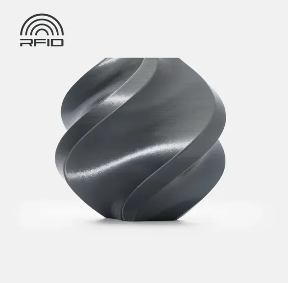 Spiral geometric test print made with Bambu Lab PLA Silk+ Titan Gray Filament 1.75mm 1kg/Spool Color Code 13108 showing glossy silk surface