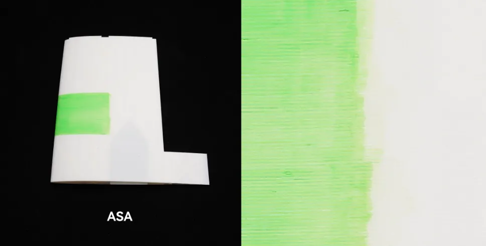 3D printed ASA sample with marker test and layer texture close up