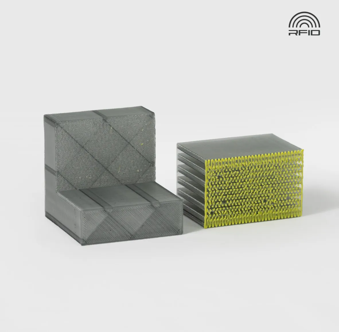 support structure test blocks printed with Bambu Lab Green Support Filament for PA/PET showing yellow interface layers, Color Code 65500