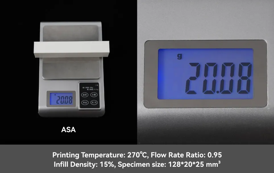 weight measurement of standard ASA 3D printed sample showing heavier mass compared to Bambu Lab ASA Aero filament