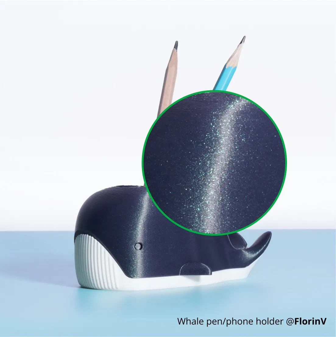 Whale pen holder 3D printed using Bambu Lab PLA Galaxy Filament showing deep blue glitter galaxy texture
