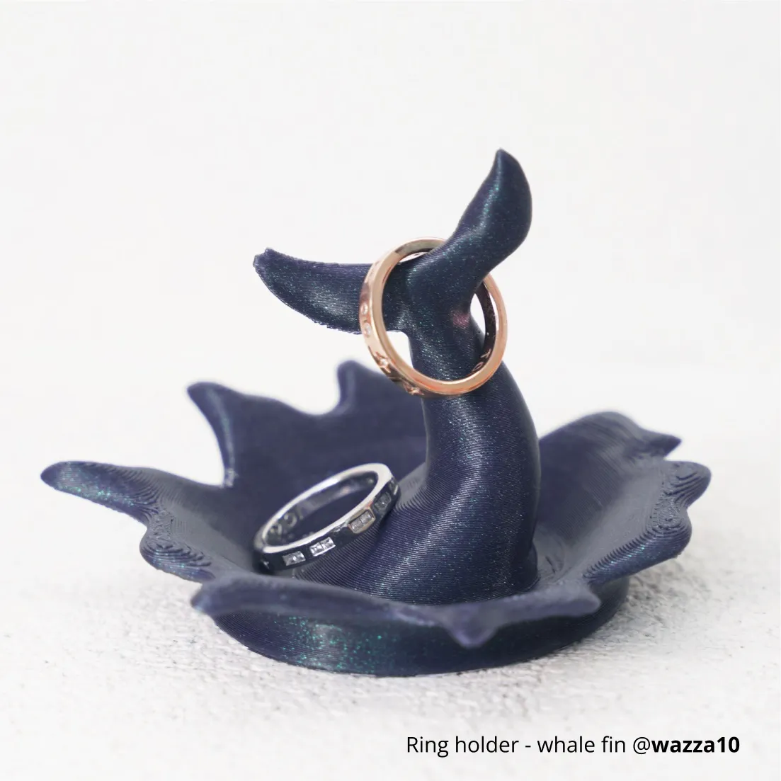 Whale tail ring holder 3D printed with Bambu Lab PLA Galaxy Filament displaying dark galaxy shimmer surface