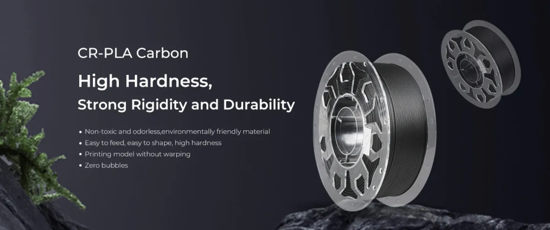 CR PLA Carbon filament spool with text high hardness strong rigidity and durability on dark background