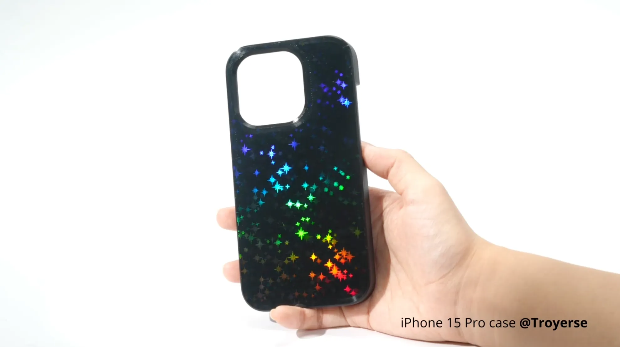 iphone 15 pro case showing starry surface rainbow reflection effect using Bambu 3D Effect Plate with colorful star patterns