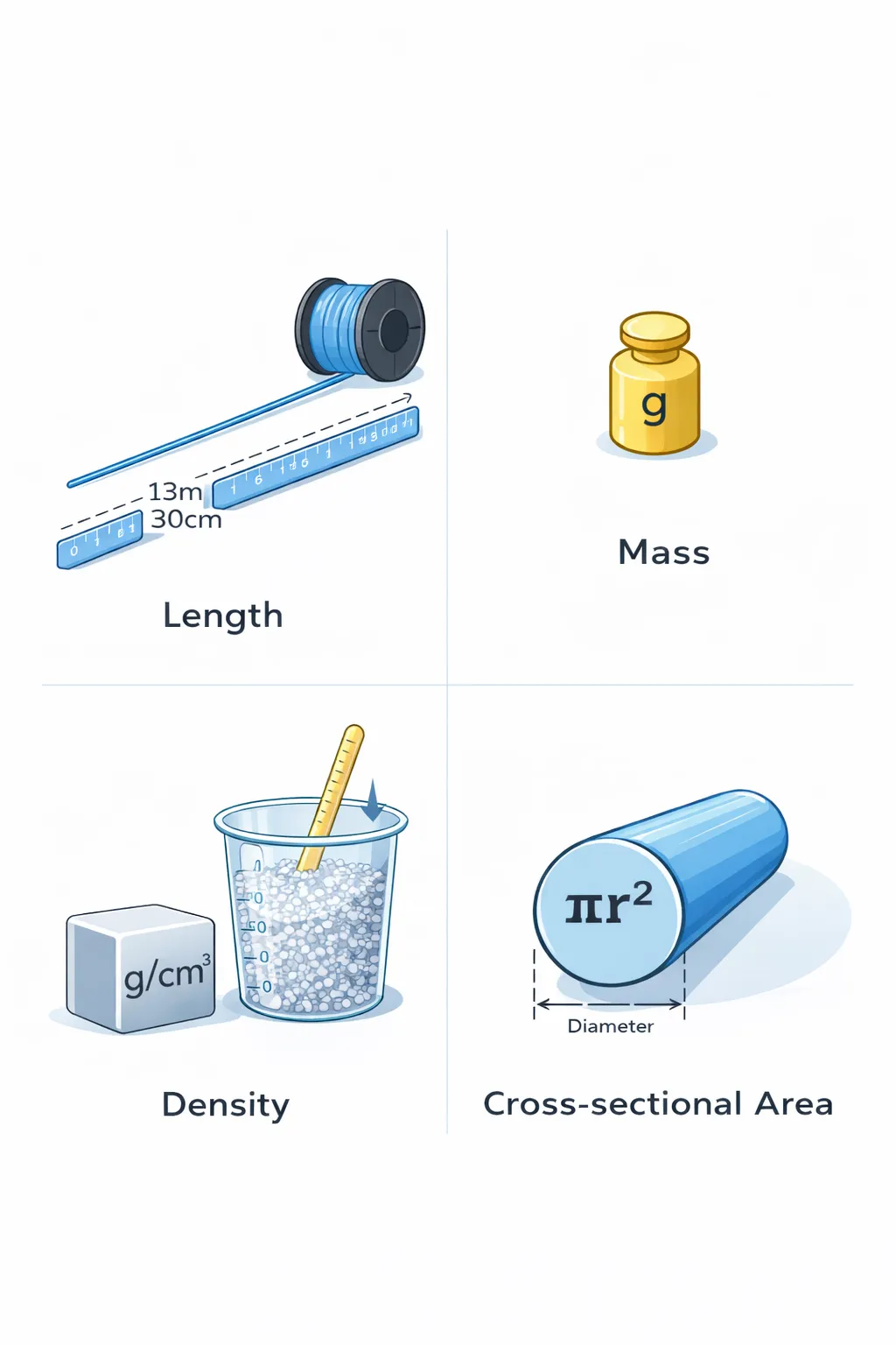 diagram showing filament length formula with mass density and cross sectional area illustrated for 3D printing filament