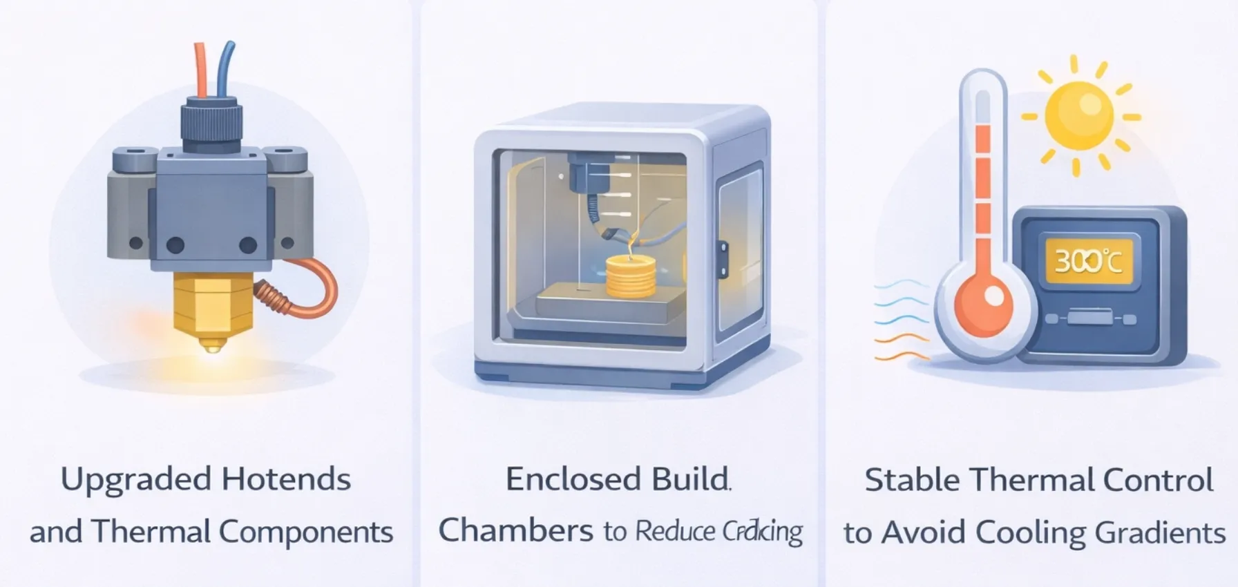 Infographic showing upgraded hotends, enclosed build chambers, and stable thermal control for high-temperature 3D printing