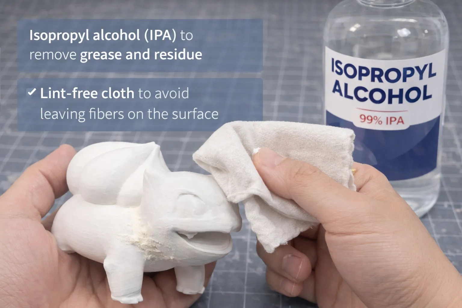 cleaning PLA 3D printed model using isopropyl alcohol and lint free cloth before painting