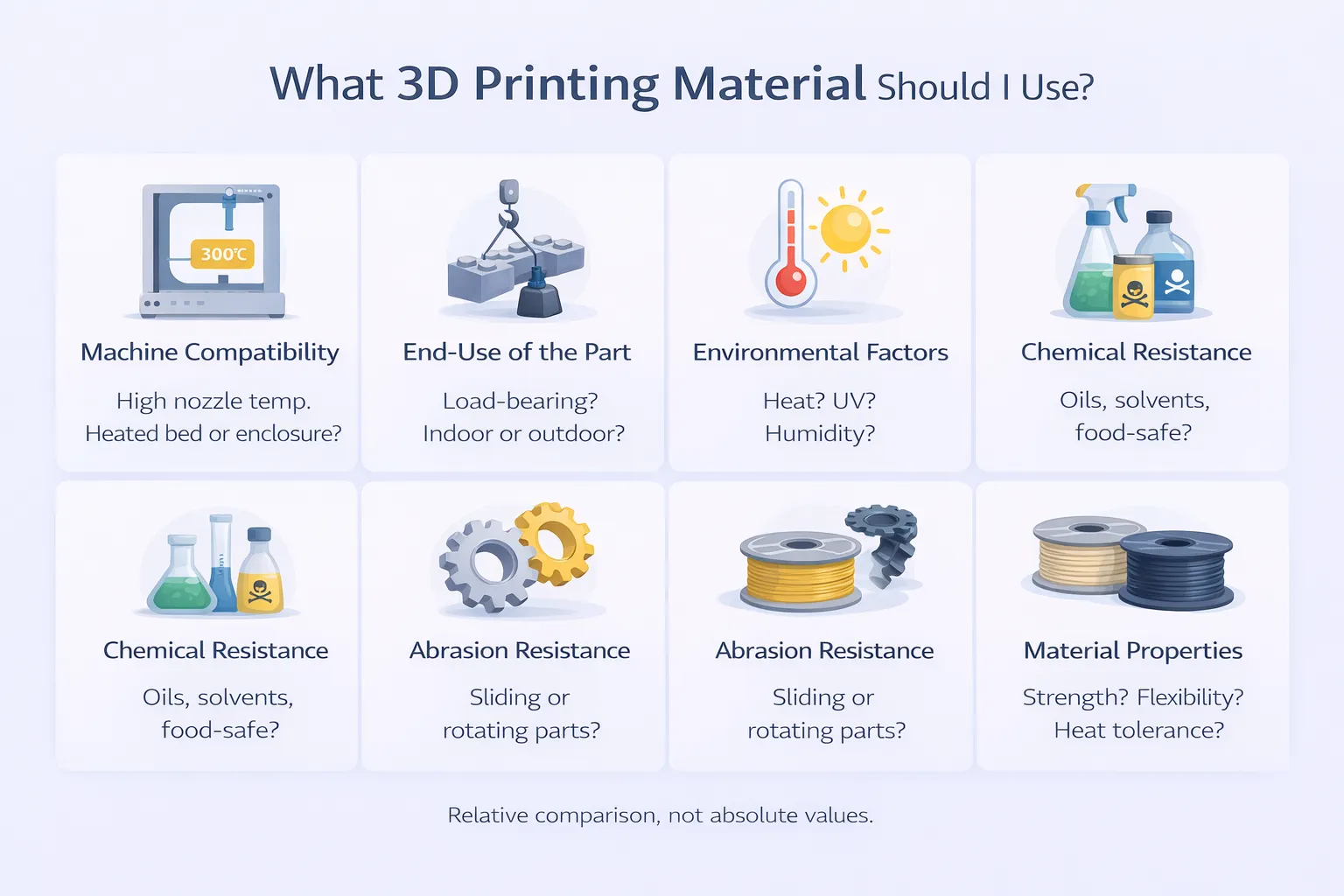 Infographic showing how to choose 3D printing materials based on machine compatibility, part use, environment, chemical resistance, abrasion, and material properties