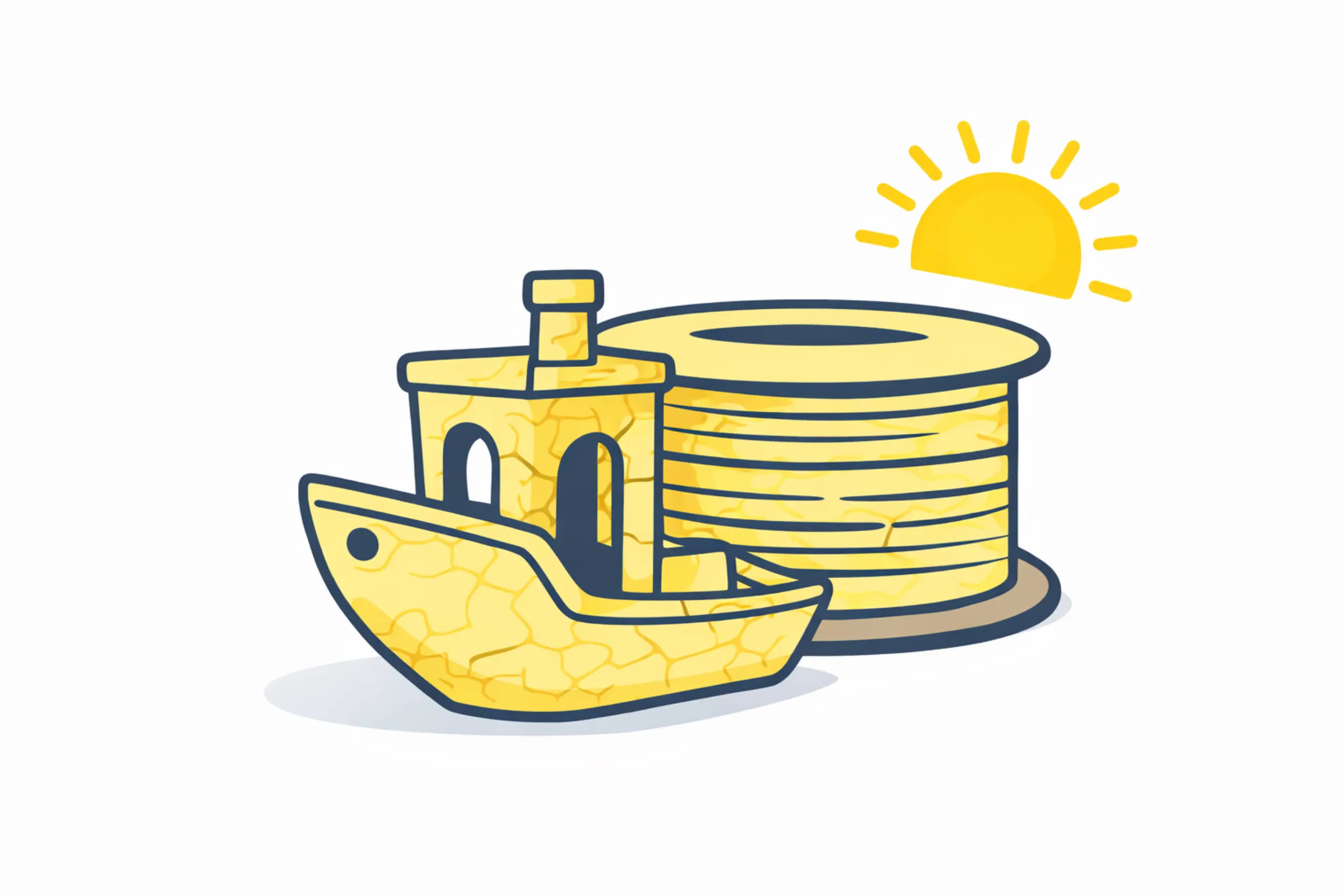 yellow PLA 3D printed boat cracked and brittle next to filament spool under sunlight UV exposure illustration