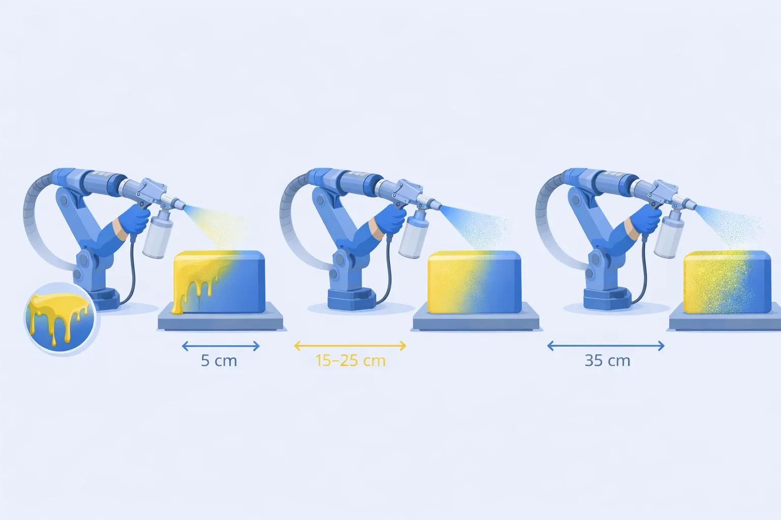 spray painting distance comparison showing too close dripping optimal even coating and too far rough finish on surface