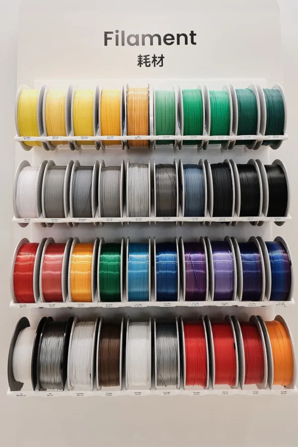 various 3d printer filament spools in red pink purple white brown and metallic colors on rack