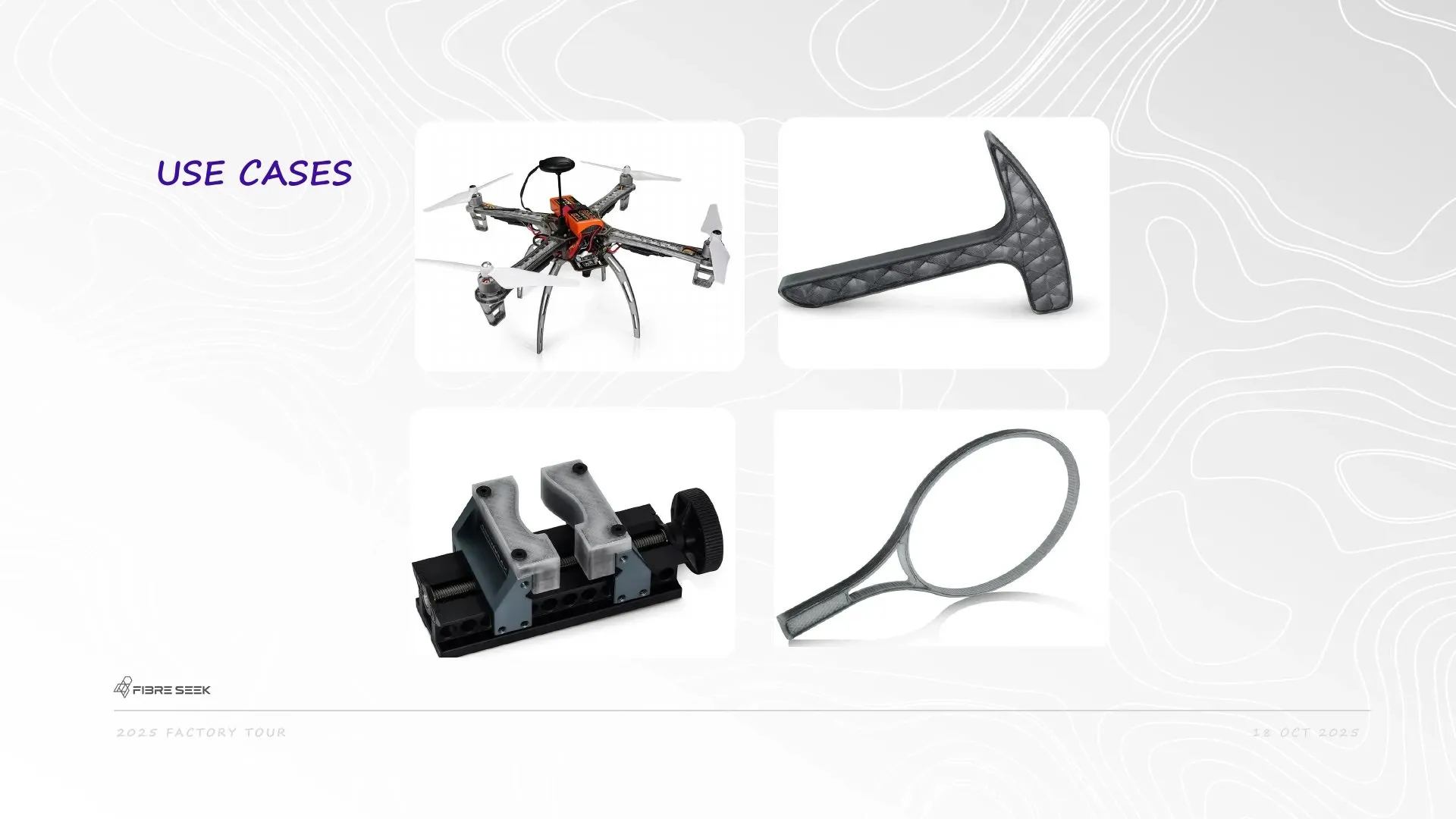 FibreSeeker 3 continuous fibre applications including drone, tool, fixture and racket parts